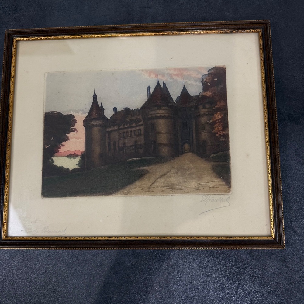 Antique Signed Color Etching Chateau de Chaumont French Castle Art